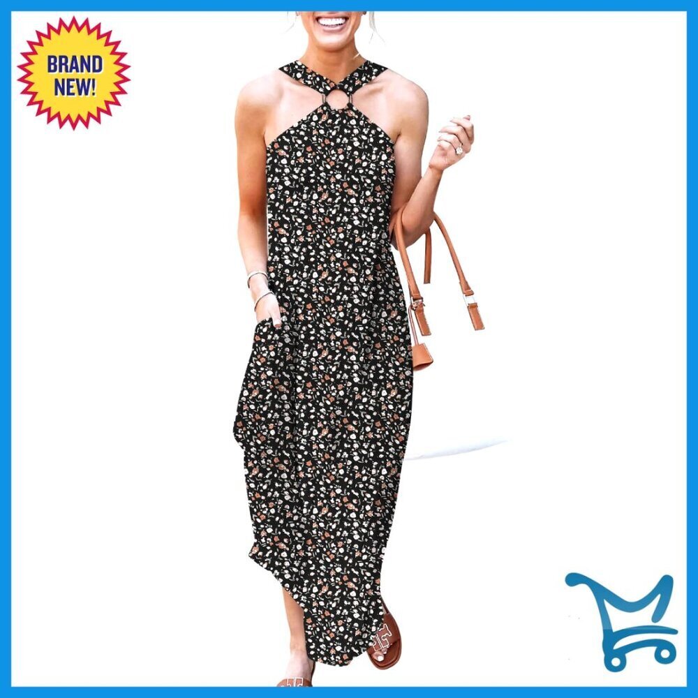 Summer Halter Maxi Dress Casual Boho Split Side Sleeveless with Pockets